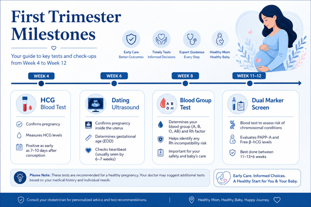 First trimester prenatal care milestones and tests Bangalore