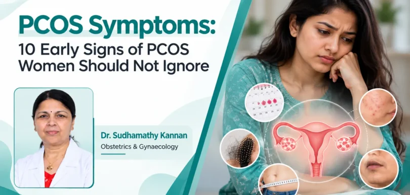 PCOS symptoms and early signs infographic with Dr. Sudhamathy Kannan
