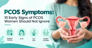 PCOS symptoms infographic with uterus illustration and common warning signs