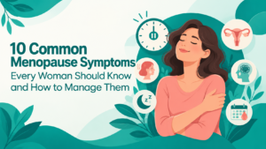 Menopause Symptoms and management tips illustrated with a woman and menopause-related health icons.
