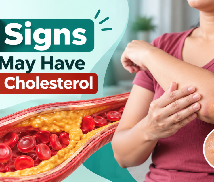 Woman showing possible signs of high cholesterol, with an illustration of plaque buildup in an artery.