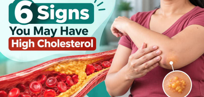 Woman showing possible signs of high cholesterol, with an illustration of plaque buildup in an artery.
