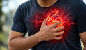 Man experiencing chest discomfort, illustrating possible causes of a fast heartbeat at rest.