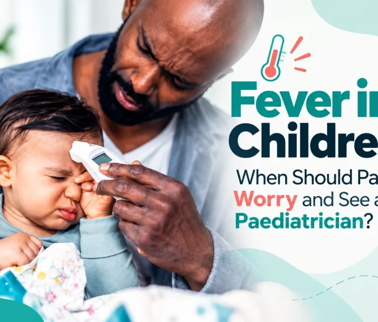 Child with fever being checked with a thermometer by a parent.
