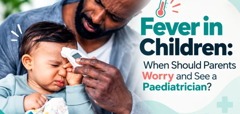 Child with fever being checked with a thermometer by a parent.
