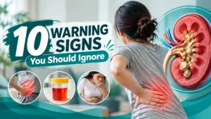 Kidney stone warning signs poster featuring an illustrated kidney and key symptoms.