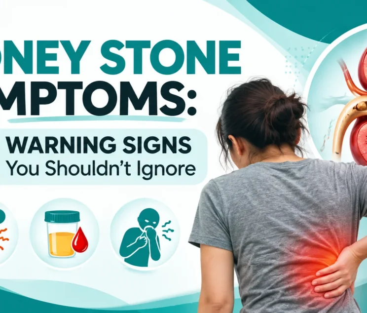 Kidney stone symptoms infographic featuring kidney pain, blood in urine and nausea.