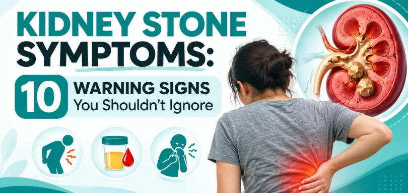 Kidney stone symptoms infographic featuring kidney pain, blood in urine and nausea.