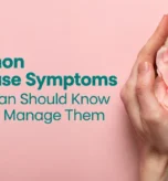 Menopause Symptoms and how to manage them, featuring hands holding a pink rose.