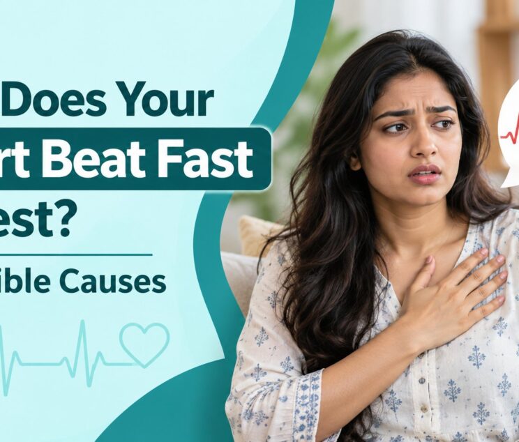 Fast heartbeat at rest: 7 possible causes, featuring an Indian woman experiencing heart palpitations.