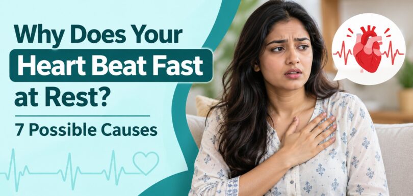 Fast heartbeat at rest: 7 possible causes, featuring an Indian woman experiencing heart palpitations.